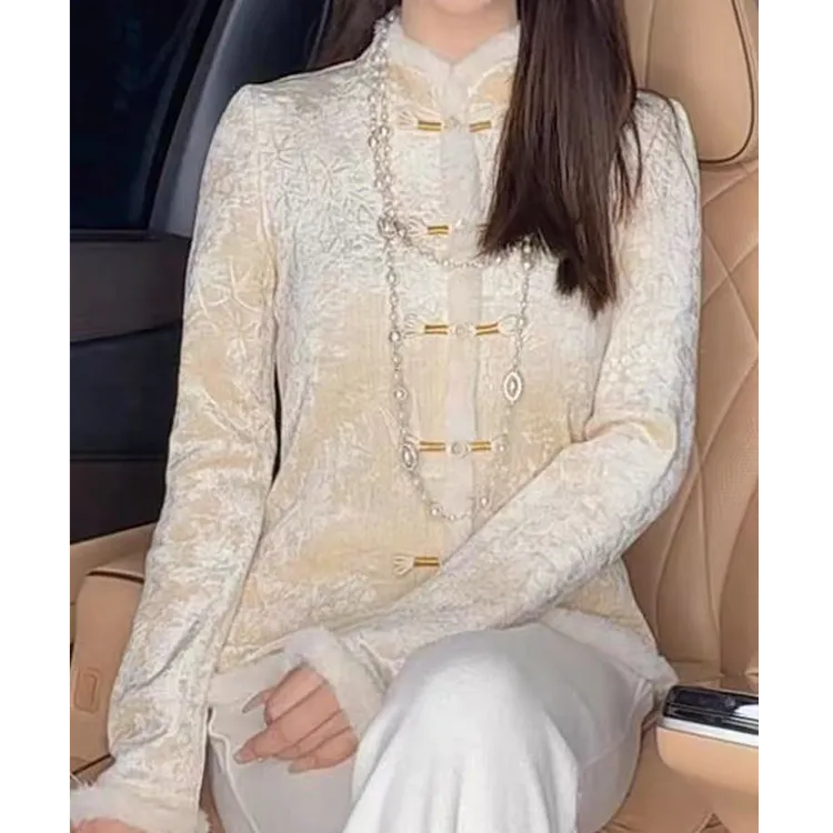 小白狐~国风冬新款加绒加厚提花小衫立领盘扣修身保暖打底衫602