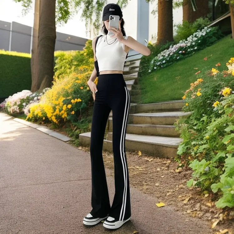 微喇鲨鱼裤女高腰裤子显瘦条纹裤口袋长款宽松时尚春秋喇叭裤