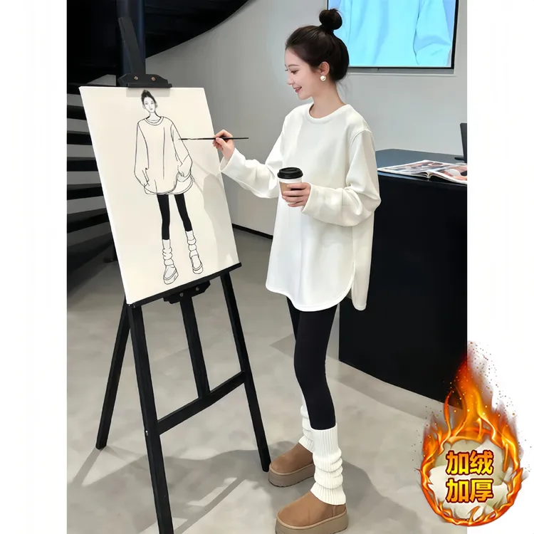 白色加绒加厚长袖T恤女2025秋冬季百搭时髦中长款开叉德绒打底衫