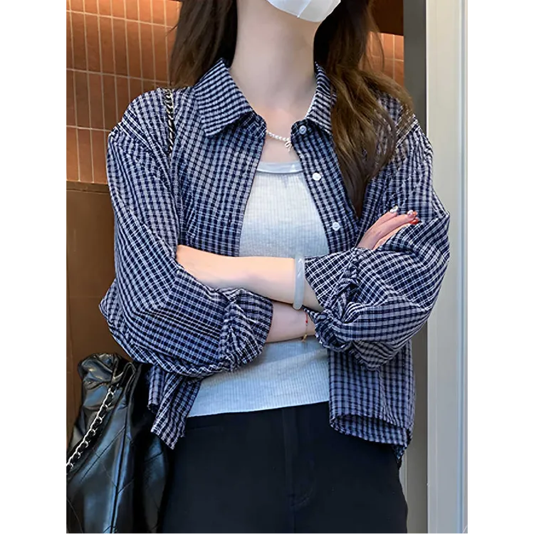 法式复古小个子短款格子衬衫女2025年秋季新款休闲百搭设计感上衣
