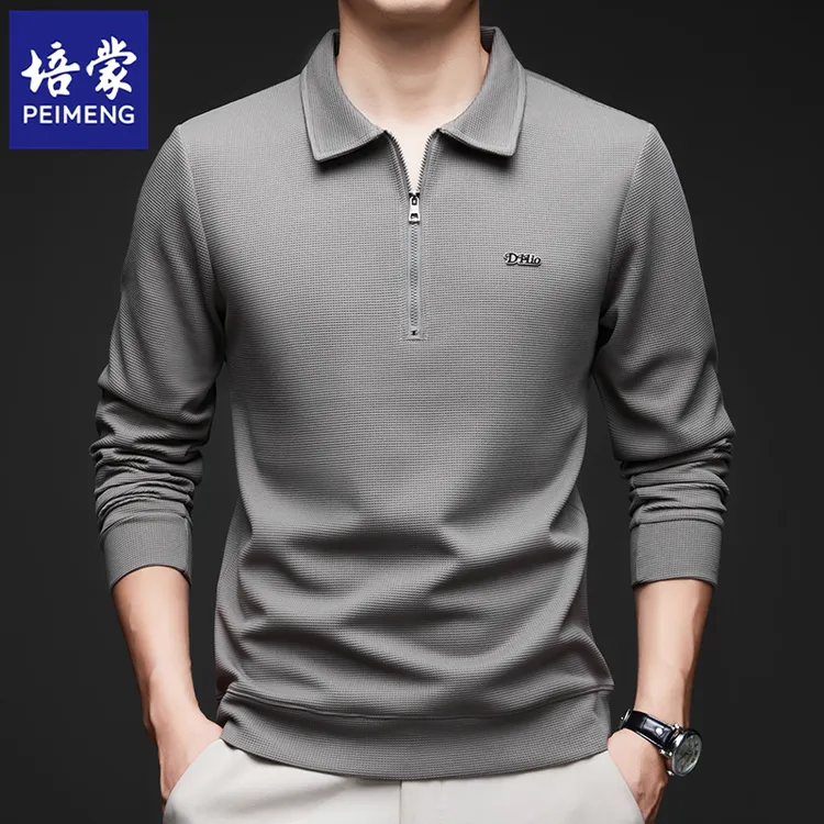 培蒙春秋季男士新款纯色拉链翻领长袖T恤商务休闲宽松打底衫上衣