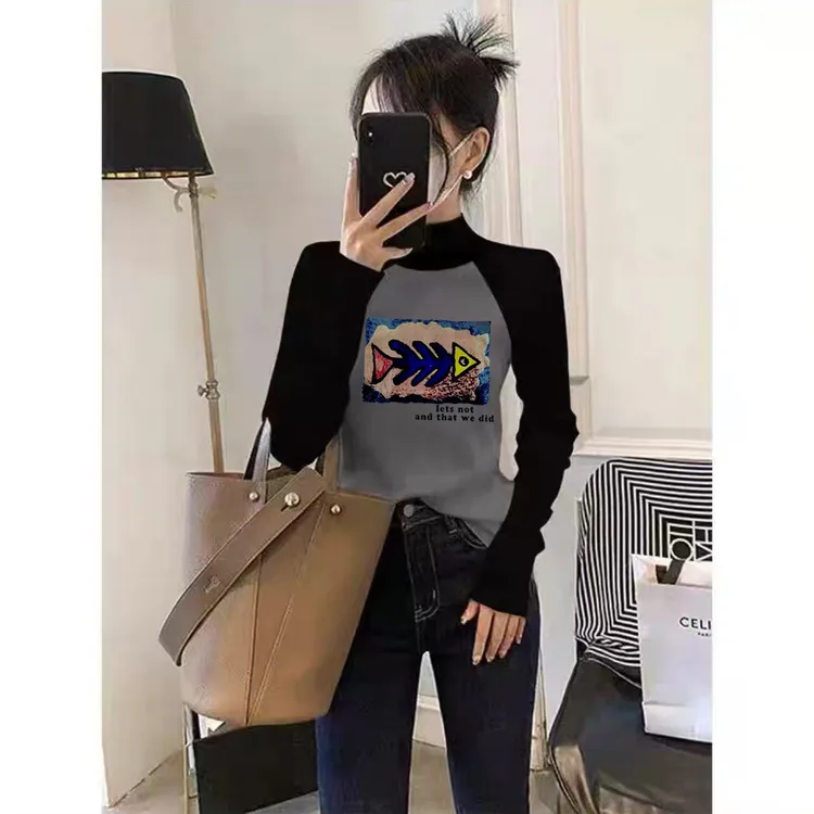 2025磨毛插肩袖灰黑拼接撞色T恤女打底衫半高领潮流时尚气质上衣