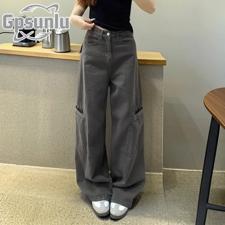 gpsunlu美式工装阔腿裤女夏季新款大码胖妹妹显瘦高腰宽松牛仔裤