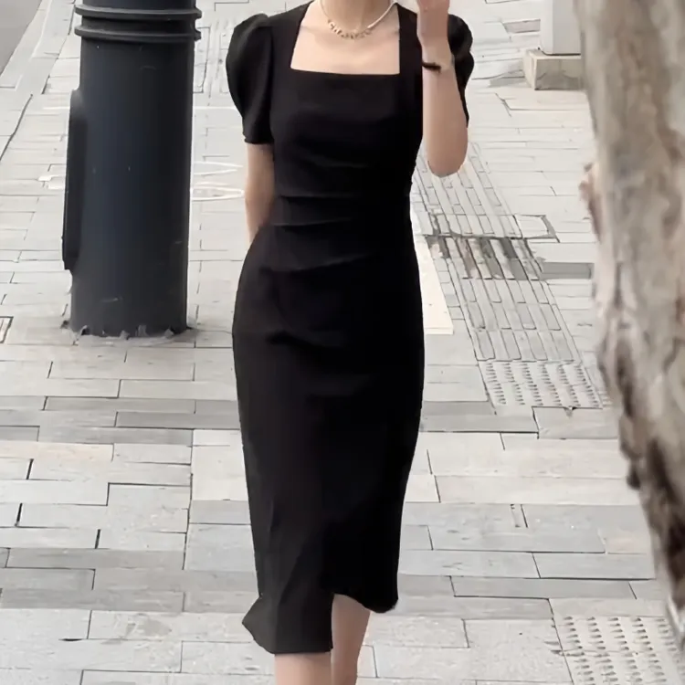 夏季简约风时尚风泡泡袖方领黑色连衣裙气质风高腰显瘦开叉连衣裙