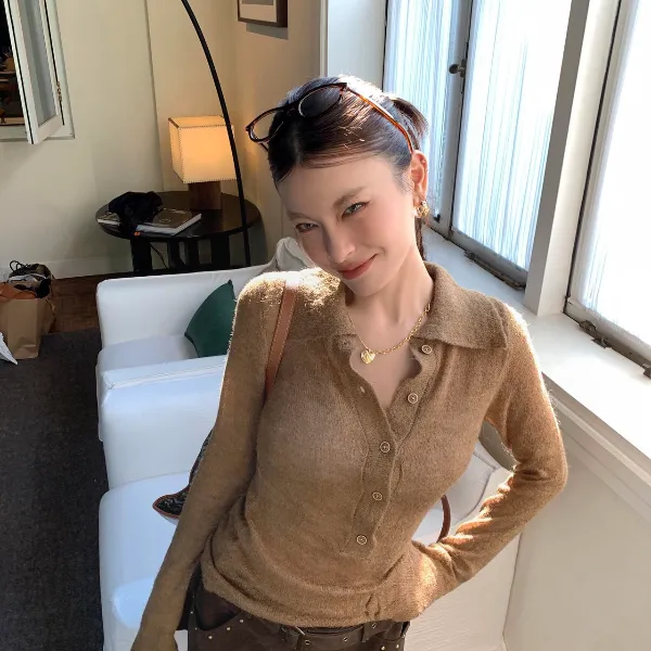 气质毛针织衫半高领秋季韩模氛围POLO领女修身百搭显瘦网红洋气