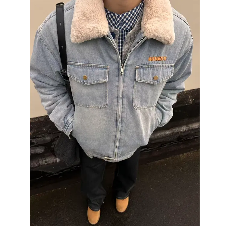 冬季miu系 牛仔加厚棉服羊羔毛领休闲外套