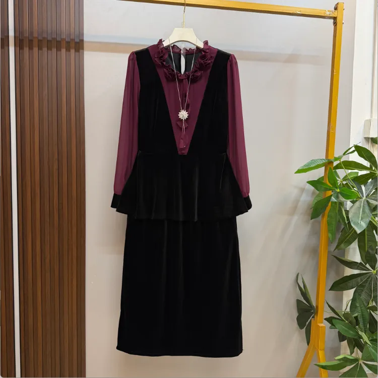 早秋新款时尚洋气木耳花边领口减龄气质拼接上衣十半身裙两件套