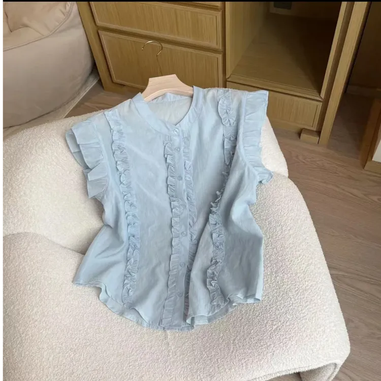 H夏季宽松木耳边单排扣减龄小衫韩版时尚透气