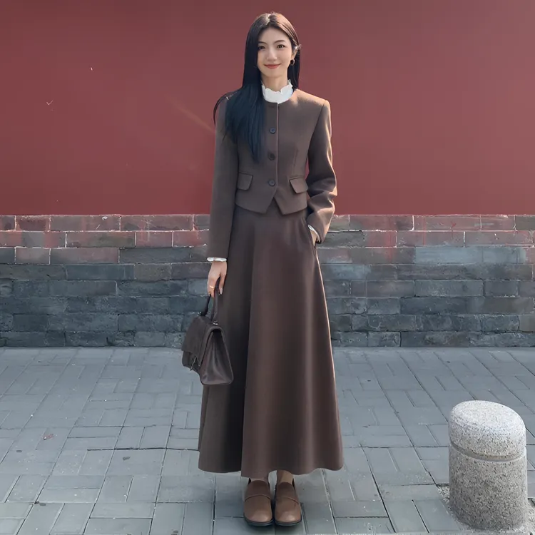 2025秋季女款修身气质端庄圆领正肩款小个子短款外套半身裙两件套