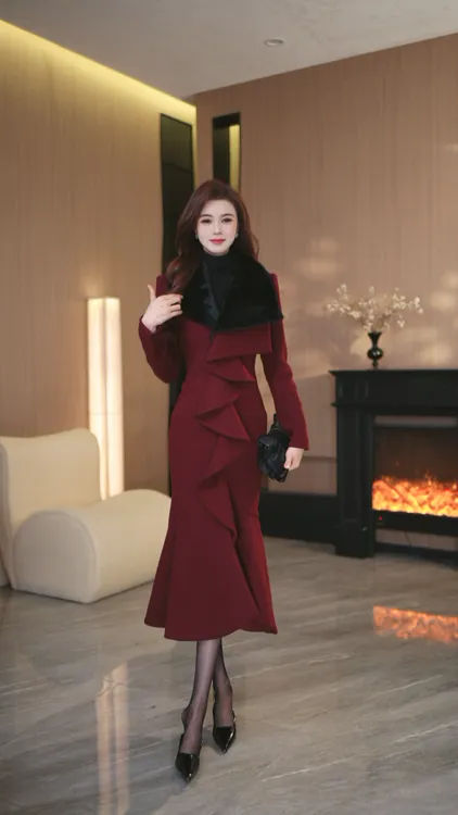 罗曼定制 原创设计红色大衣赫本风中长款厚款连衣裙收腰冬季新款