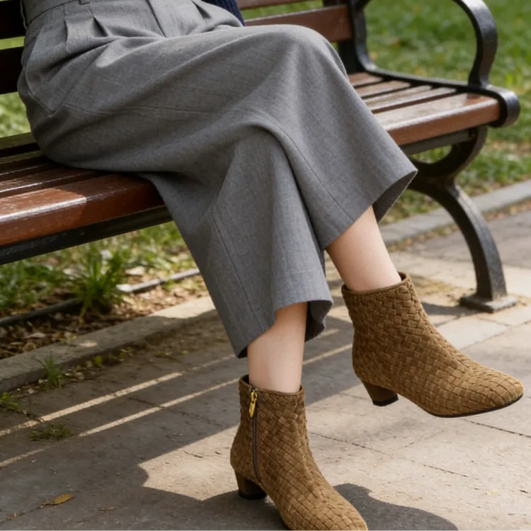 【胡子哥严选】高定编织羊皮/4cm/复古百搭舒适方头中跟女短靴52-7