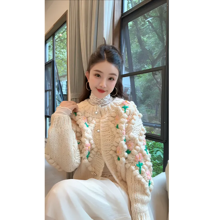 洋洋优选-冬季新款重工手打粗棒针豆豆钩花加厚毛衣外套女YY70913