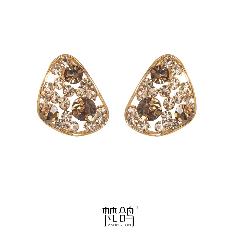 VANPIGEON/梵鸽 黄铜耳饰 轻奢茶色满钻耳钉高级感锆钻法式耳环