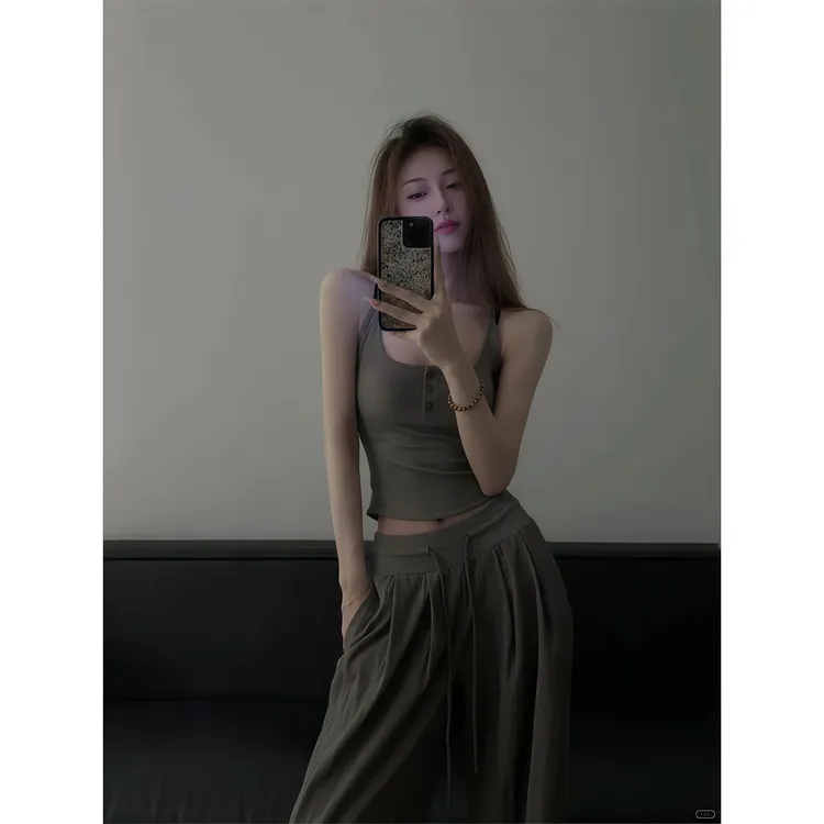 纯欲风夏季辣妹两件套装修身显瘦百搭洋气U领吊带背心直筒阔腿裤