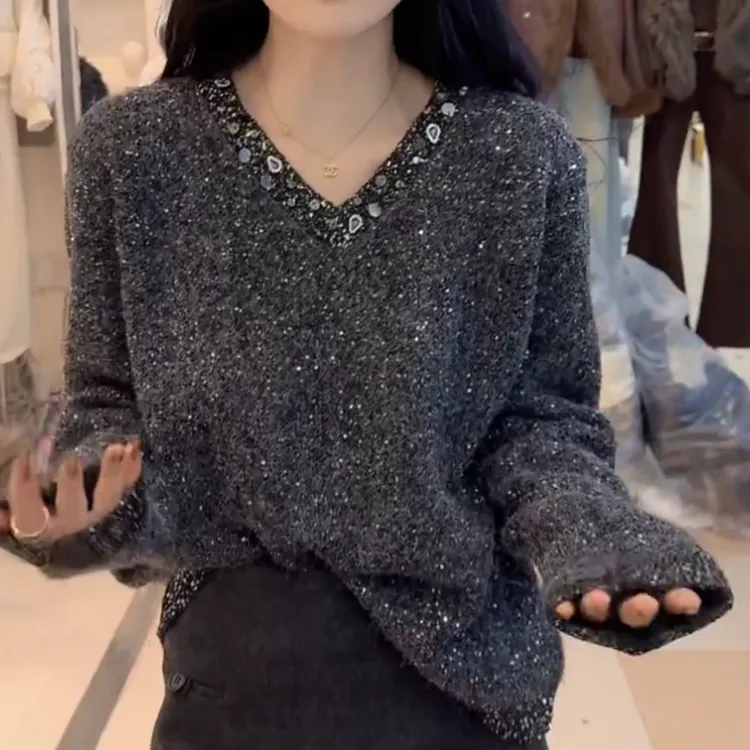 秋冬新款韩系百搭法式亮晶晶毛针织衫时尚上衣LK2508406