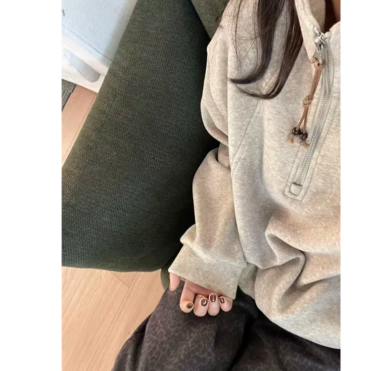 【帝韵】美式复古半拉链抽绳立领卫衣女秋冬穿搭新款慵懒风情侣上衣