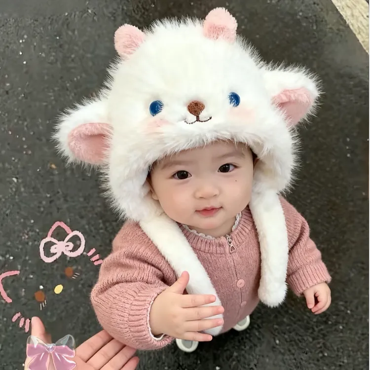 卡通小羊帽子捏耳朵会动亲子儿童礼物女保暖护耳帽加绒加厚毛线A