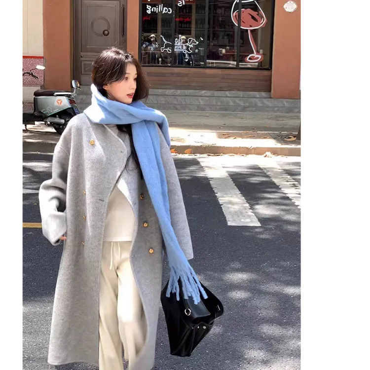 灰色大衣女秋冬高级感高贵气质2025新款洋气双面呢赫本风毛呢外套