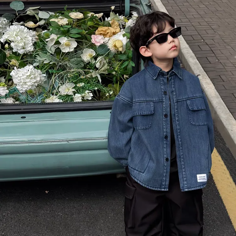 C类男B类冬季通用牛仔衬衫宝宝牛仔翻领衬衫小童