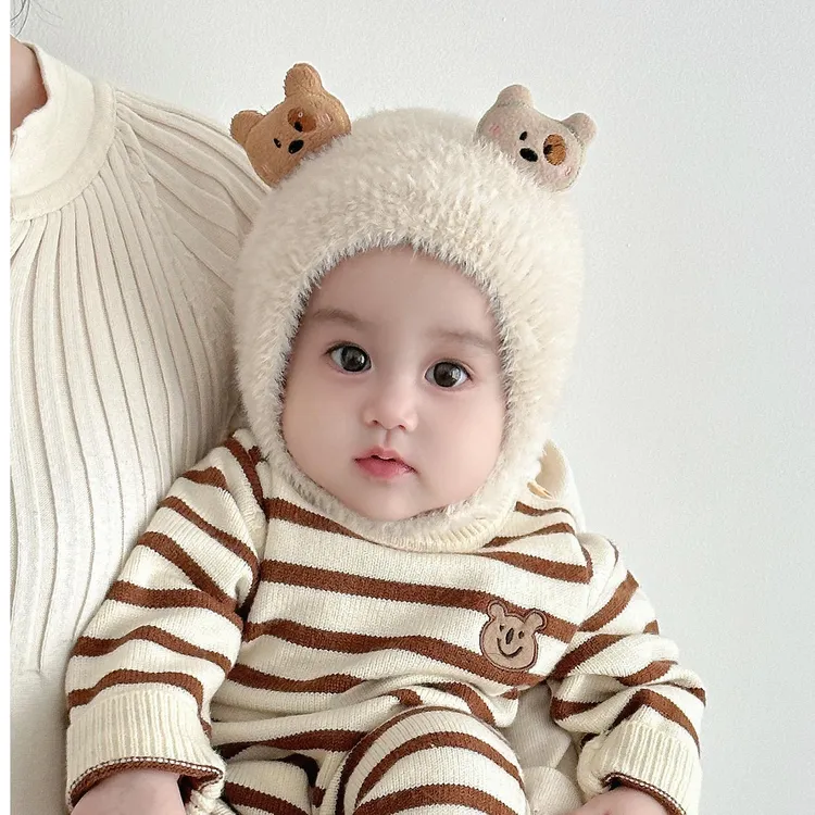 婴儿帽子秋冬款小月龄男童小熊毛绒护耳帽冬季宝宝保暖针织毛线帽