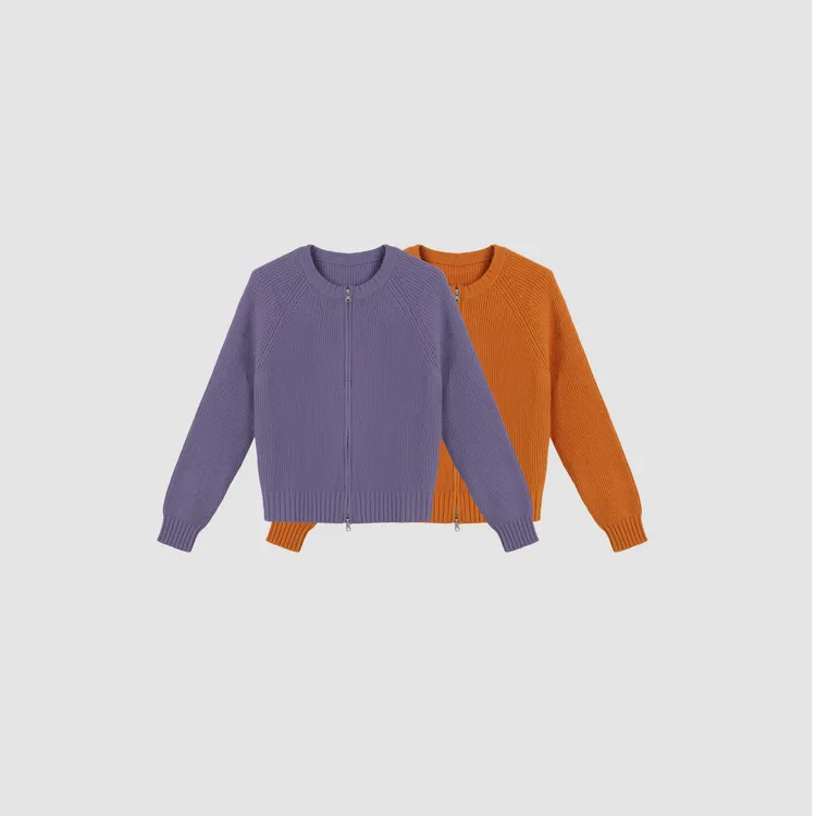 江洲【今秀】秋冬新款高级感慵懒风纯色双拉链圆领短款针织羊毛开衫