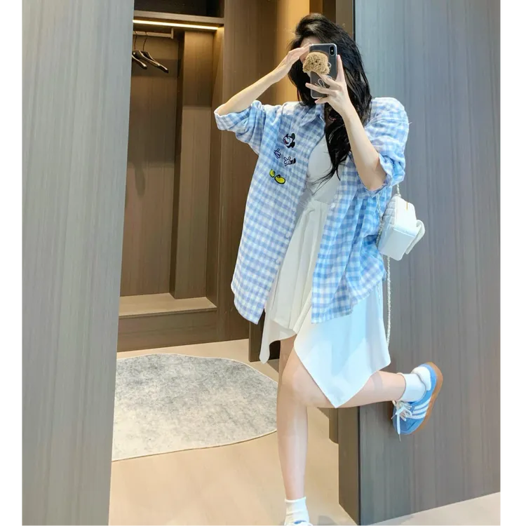 韩版2025夏季新款韩版洋气时尚百搭ins格子宽松长袖衬衫裙子套装