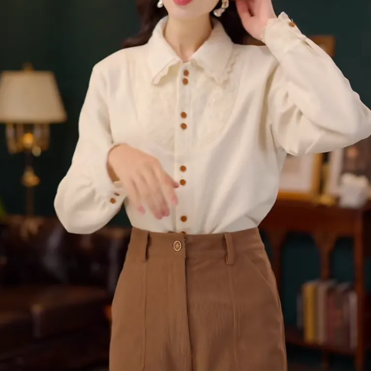 复古长袖衬衫女时尚休闲宽松衬衣气质百搭小众厚款上衣