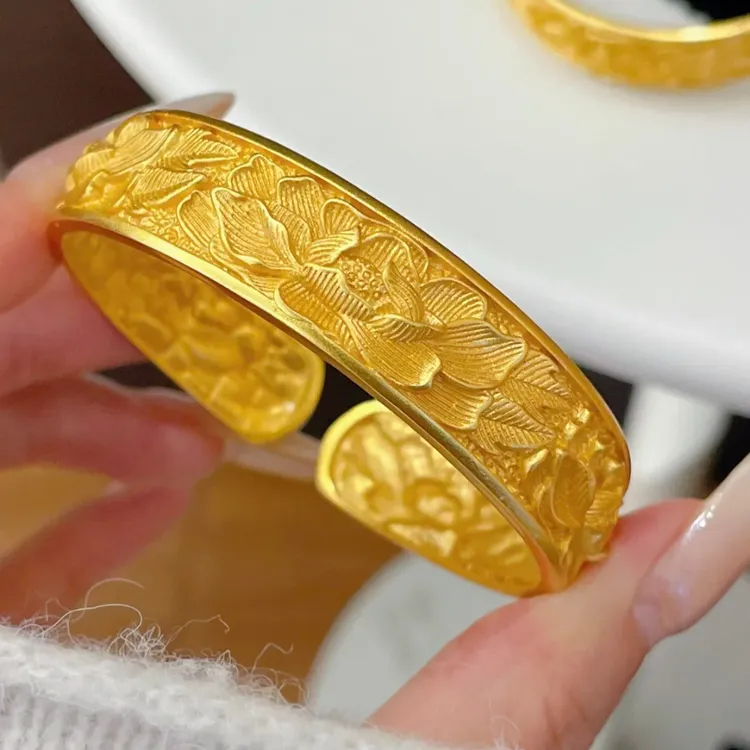 铜合金手镯 新中式拉丝牡丹花手镯宽面花卉镯子复古宫廷风