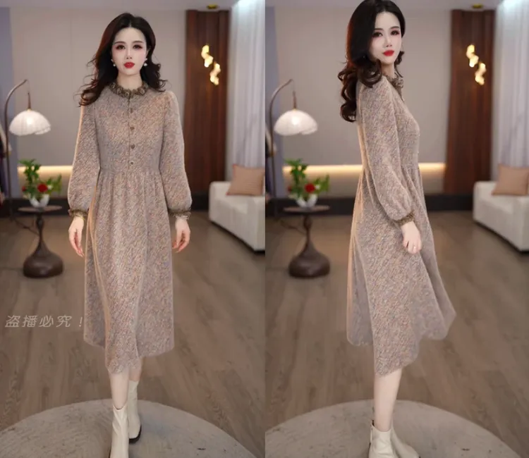 新品上新2025冬杏色时尚精致优雅洋气复古气质修身收腰显瘦连衣裙