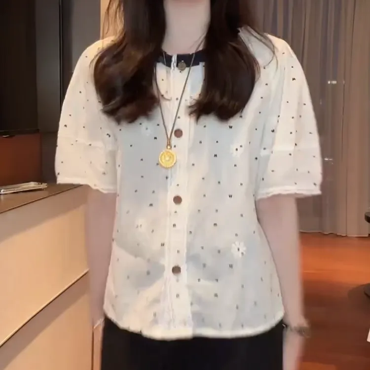 【蝴蝶小花】2025新夏季小花撞色木耳边领单排扣衬衣短袖LK2504152