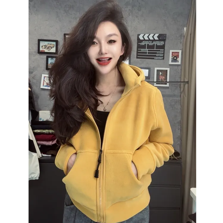 加绒加厚双面奥粒绒连帽外套女宽松百搭设计休闲百搭开衫上衣