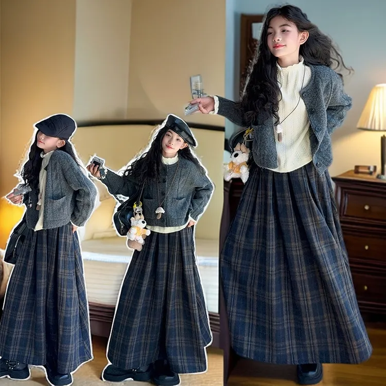 女童秋冬呢子格子半身裙中大童女孩长款半裙气质百搭显瘦韩版裙子