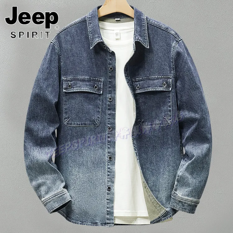 Jeep吉普美式休闲长袖衬衫春秋季渐变色牛仔上衣男士怀旧宽松衬衣