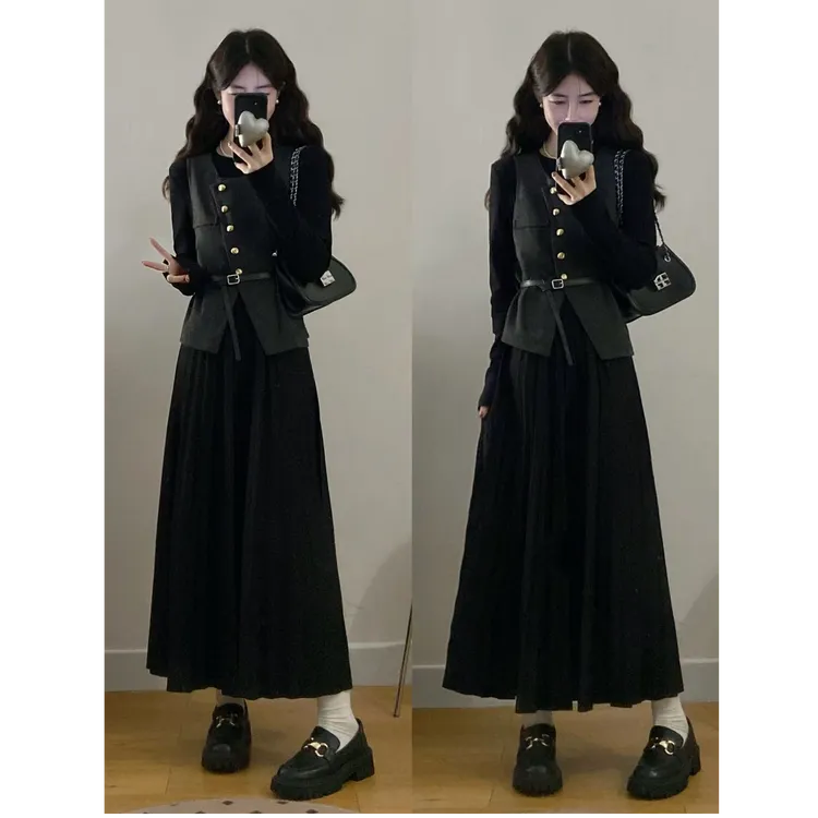 大码女装胖mm新款时尚气质收腰百褶连衣裙+毛呢马甲两件套