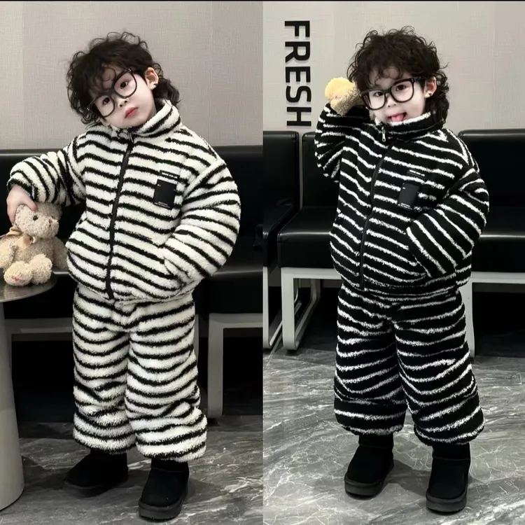【巨厚】儿童条纹三层加厚夹棉家居服套装男女宝2025新款保暖两件套