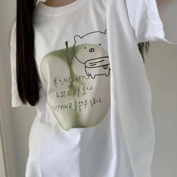 100%纯棉韩系小清新苹果印花圆领短袖t恤男女夏季新款宽松上衣 潮