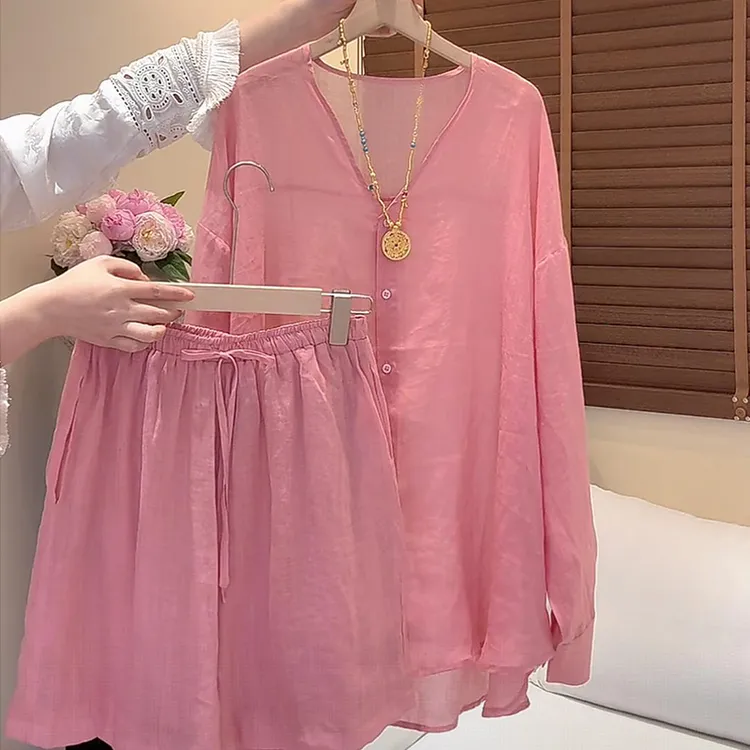 松弛感设计衬衫套装2025夏季新款休闲洋气V领长袖防晒衣休闲短裤