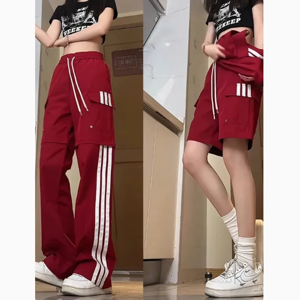 酒红色三条杠可拆卸两穿裤子女男美式机能工装短裤防水休闲冲锋裤