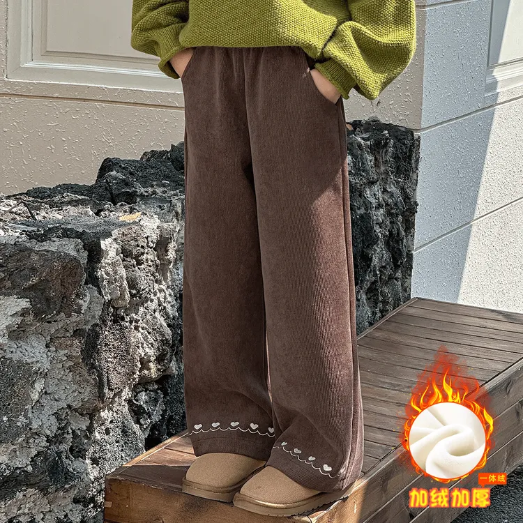女童加绒裤子秋冬款2025新款儿童冬季灯芯绒阔腿裤中大童直筒加厚