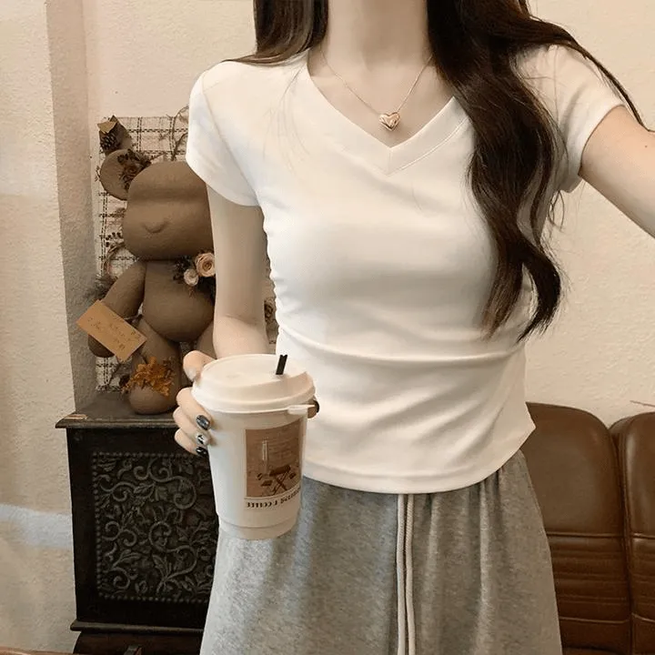40支精梳棉V领t恤女夏季2025年棉质设计感正肩褶皱显瘦短袖上衣
