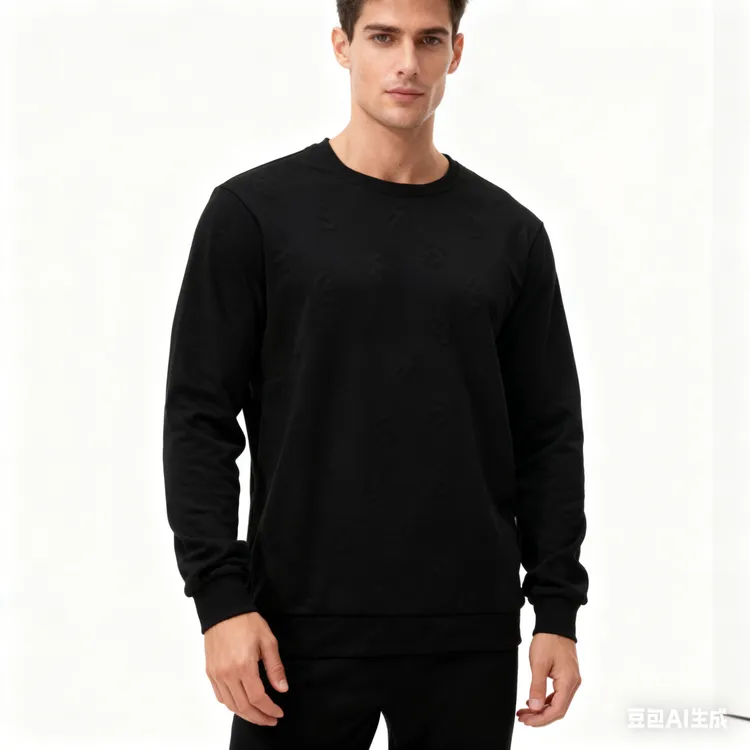 男士秋冬纯色圆领长袖刺绣加绒加厚休闲套头卫衣百搭打底上衣