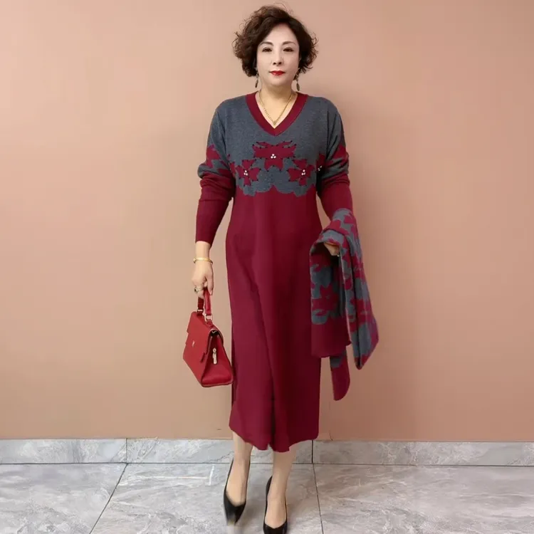 9807妈妈针织连衣裙气质优雅宽松大牌正品花色显瘦大码减龄长款