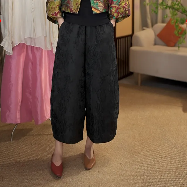 欣欣轻奢新版秋冬提花花苞裤阔腿裤软厚时尚显瘦中国风黑色女裤