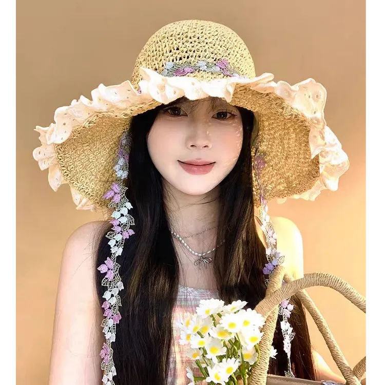 甜美碎花飘带草帽女夏海边度假风大帽檐遮阳防晒帽可折叠太阳帽子