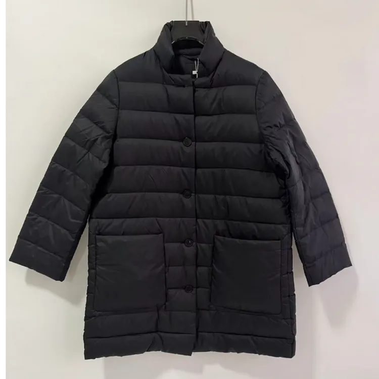 立领大口袋宽条絎缝中长款轻薄白鸭羽绒服女