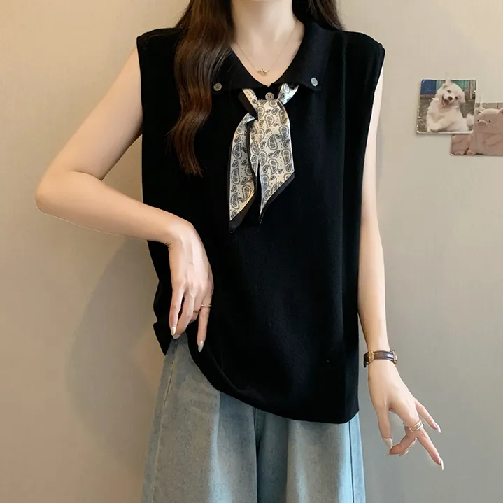 大码POLO领系带无袖背心针织衫女夏薄款胖MM宽松显瘦洋气冰丝上衣