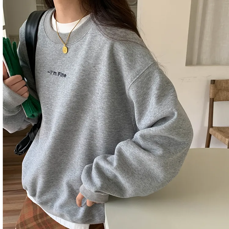 锡特帕第早秋季灰色卫衣女爆款简约字母刺绣春秋薄款圆领落肩上衣