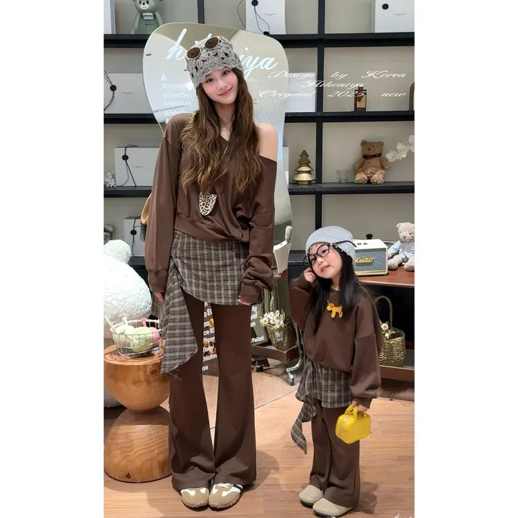 【首尔欧尼】二Hihoniya~2025秋季亲子格子拼接显瘦天丝复古套装