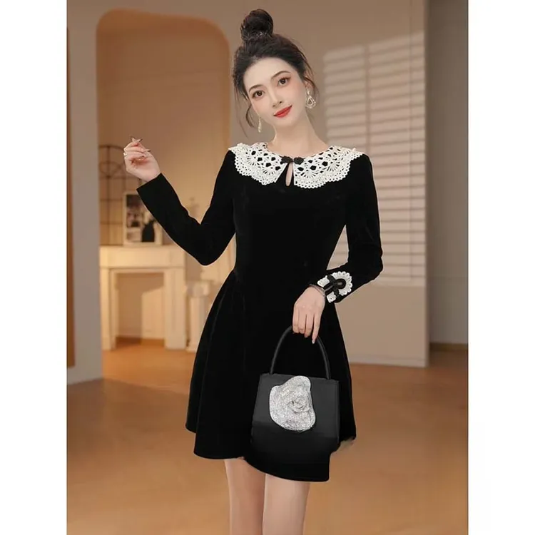 【爆款】新款优雅气质名媛小个子时尚小黑裙D4513