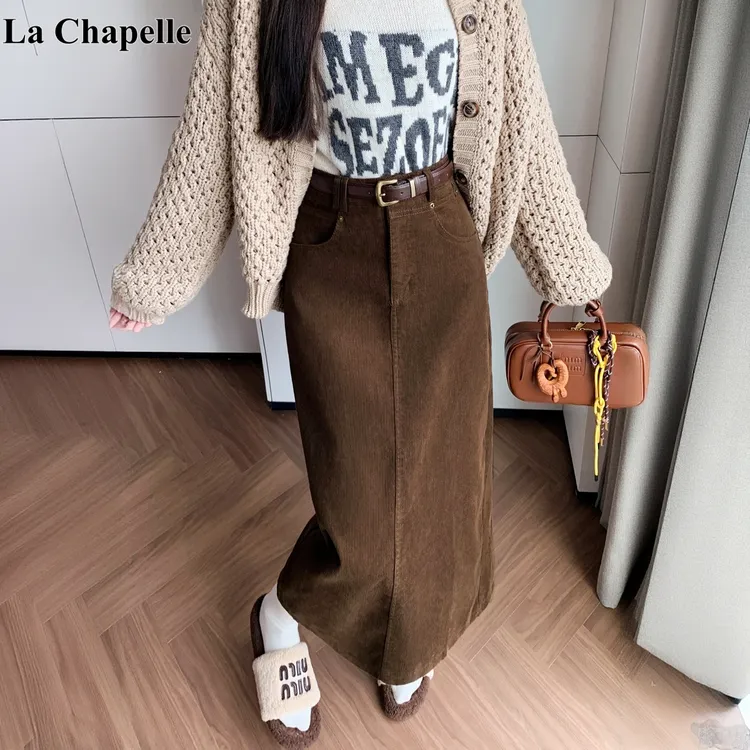 拉夏贝尔时尚美拉德风灯芯绒半身裙女秋冬款复古气质赫本风直筒裙